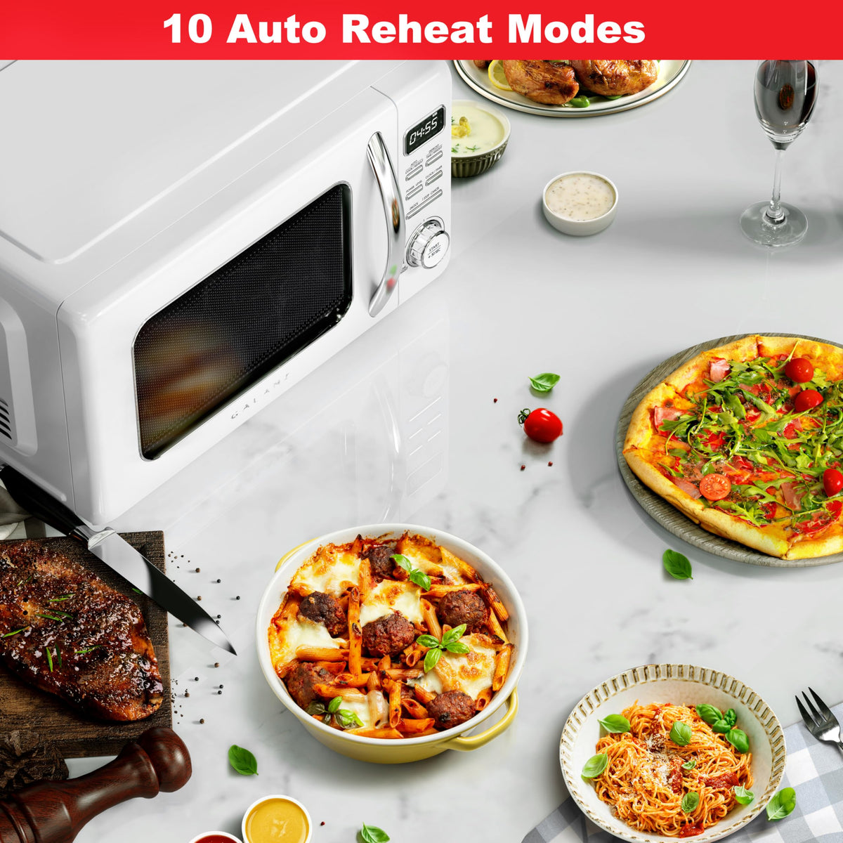 Galanz GLCMKZ07WER07 Retro Countertop Microwave Oven with Auto Cook & Reheat, Defrost, Quick Start Functions, Easy Clean with Glass Turntable, Pull Handle,0.7 cu ft, White