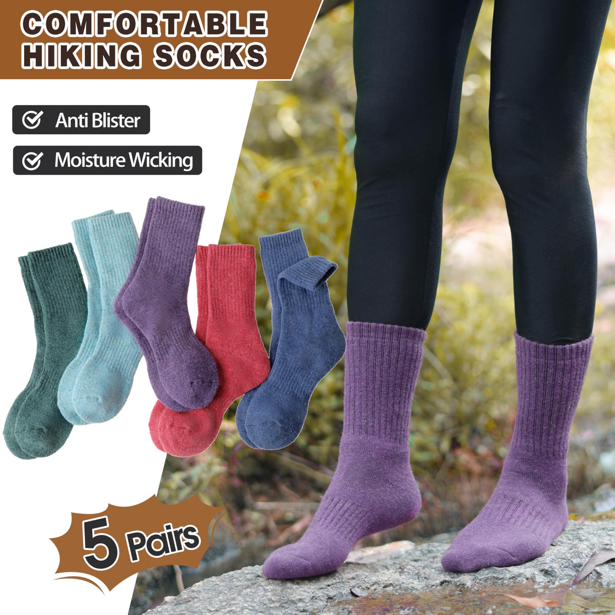 MOGGEI Womens Merino Wool Socks for Hiking Thermal Warm Thick Winter Cozy Crew Cabin Ladies Comfy Work Gift Boot Socks 5 Pairs(Colorful) 🍁 All In One Marketplace Canada