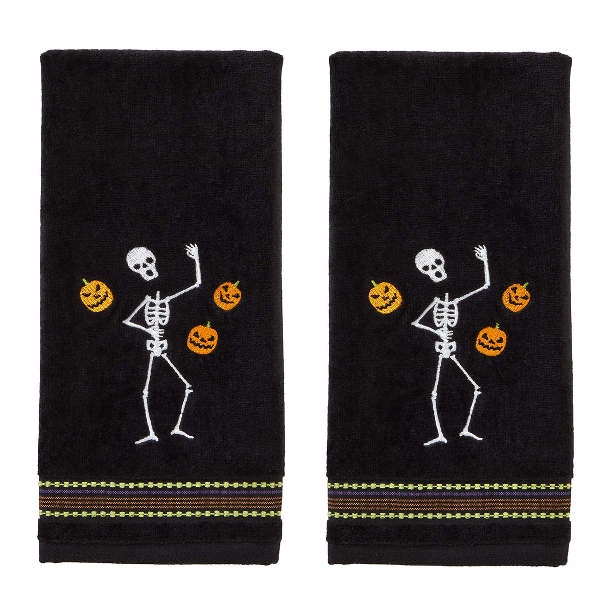 Ensemble de 2 essuie-mains brodés SKL Home Halloween Squelette jongleur, 100 % coton, décoratif pour salle de bain/cuisine/bar et cadeau, noir