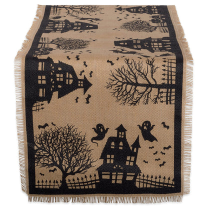 Chemin de table DII Halloween style primitif en toile de jute, maison hantée effrayante, 36 x 287 cm, noir et beige