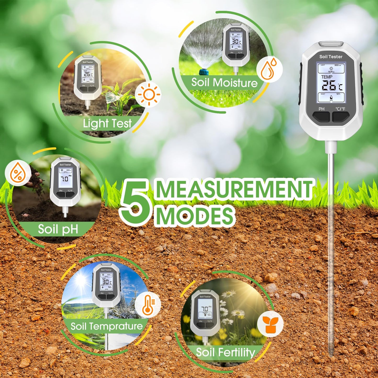 5-in-1 Soil Moisture Meter Digital Plant Temperature/Soil Moisture/PH Meter/Sunlight Intensity/Soil Fertility Backlight LCD Display Soil Test Meter for Gardening, Farming and Outdoor Plants - Available at All In One Marketplace Canada