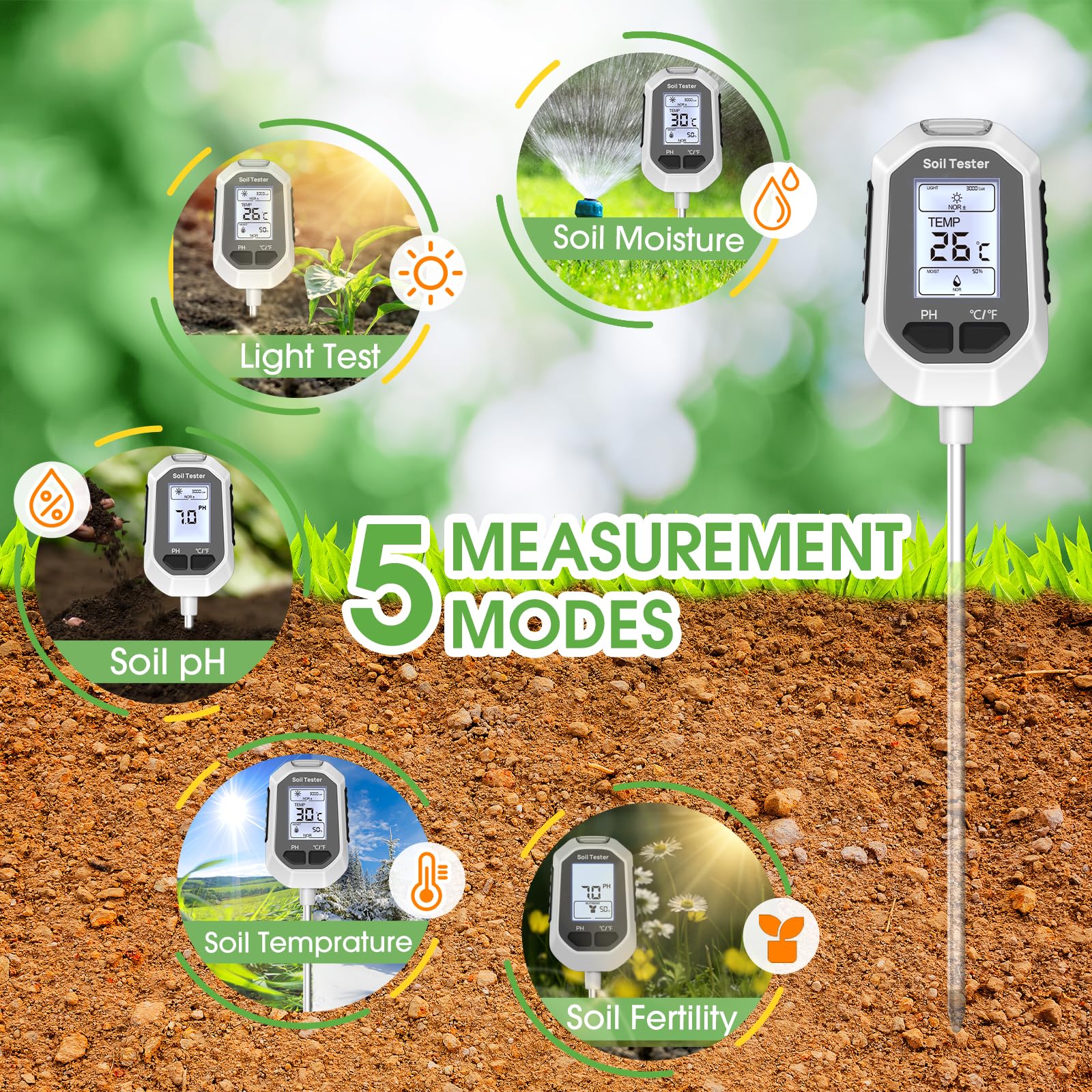 5-in-1 Soil Moisture Meter Digital Plant Temperature/Soil Moisture/PH Meter/Sunlight Intensity/Soil Fertility Backlight LCD Display Soil Test Meter for Gardening, Farming and Outdoor Plants - Available at All In One Marketplace Canada