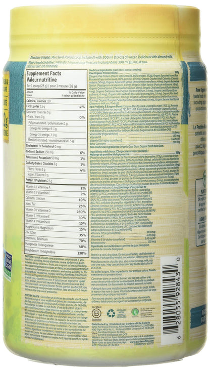 Garden Of Life Raw Organic Protein, Unflavored, 568g. Packed with 22 Grams of Certified Organic Plant Protein, including organic peas grown and processed in Canada. Assitsts in building and repairs muscles. 4g of BCAAs