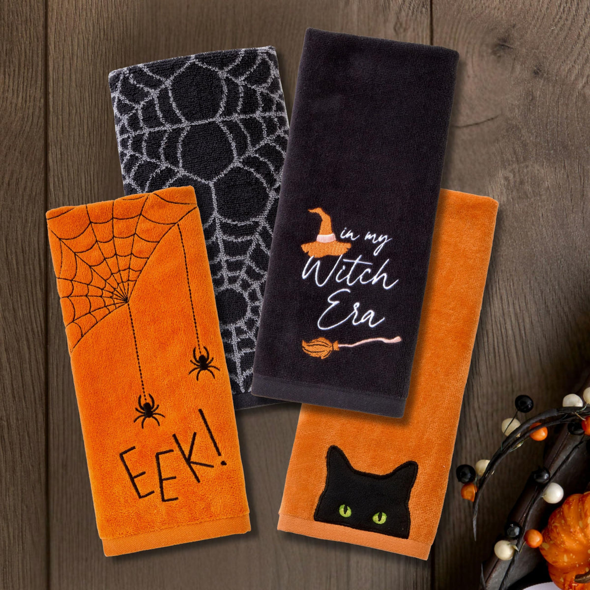 SKL Home Ensemble de 2 serviettes à main Halloween, motif toile d'araignée, 100 % coton jacquard, réversibles, douces et absorbantes, décoratives pour salle de bain/cuisine/bar et cadeau, noir