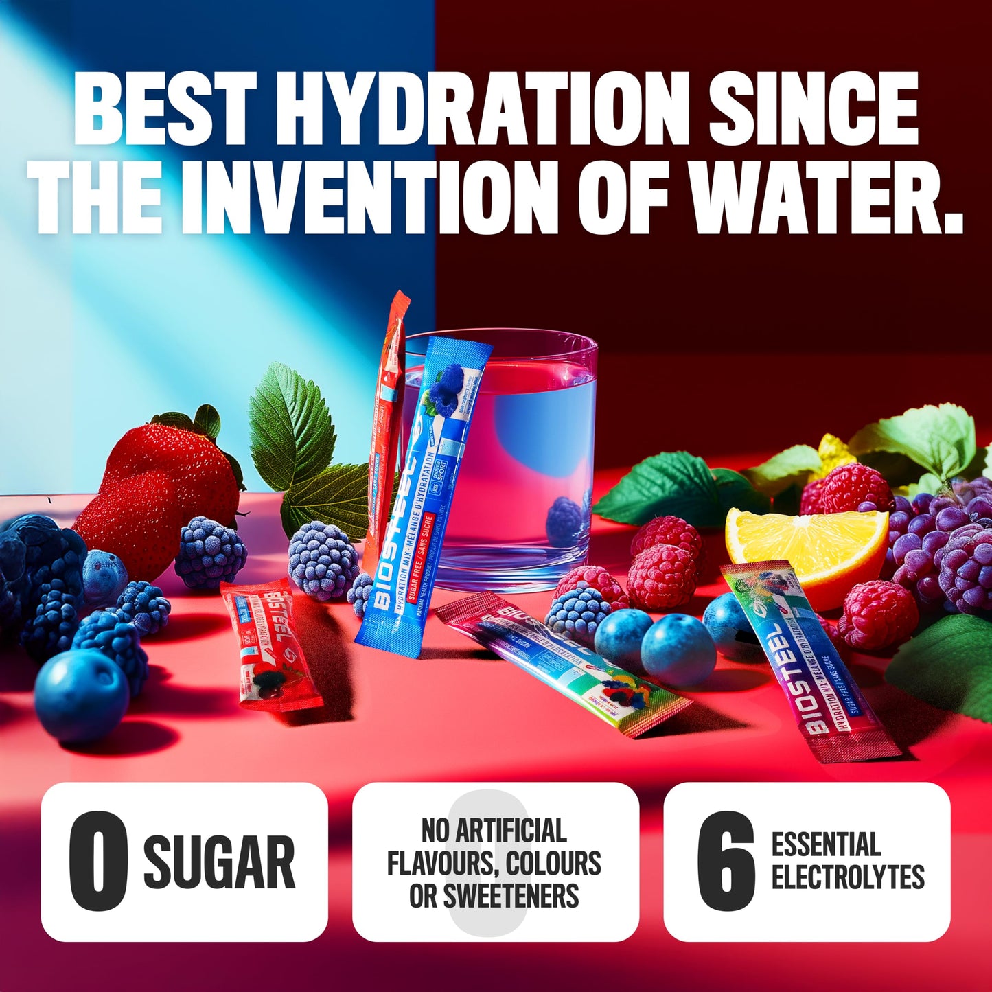 BioSteel Zero Sugar Sports Hydration Mix Variety Pack - Mixed Berry, Rainbow Twist & Blue Raspberry, 30 Packets