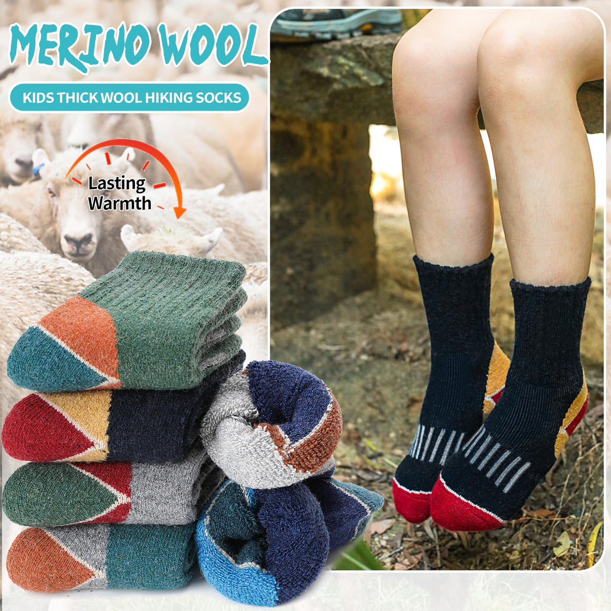 Kids Merino Wool Hiking Socks Boys Toddlers Thermal Winter Thick Warm Crew Cushion Socks Gift Stocking Stuffers for Kids 6 Pairs 4 5 6 7 8 9 10 11 12 Years(Assorted,1-3 Y) 🍁 All In One Marketplace Canada