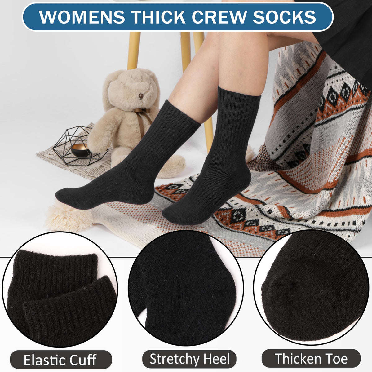 EBMORE Merino Wool Socks for Women Hiking Thermal Winter Warm Thick Boot Cozy Crew Comfy Work Socks Stocking Stuffers Gift for Women Mom 5 Pairs (Black Series) 🍁 All In One Marketplace Canada