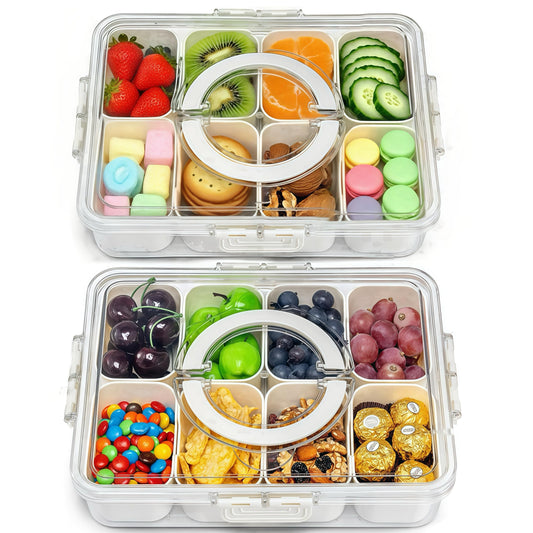 Pure Future 2-Pack Snackle Box Containers with Handles - Divided Serving Tray with Lids, 8 Compartments Charcuterie Box for Travel, Movie Nights & Parties (Hand Wash Only)