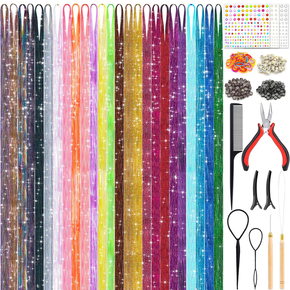 25 Colors Fairy Hair Tinsel Kit 5000 Hair Glitter Strands 48 Inch Heat Resistant Tinsel Hair Extensions Sparkling Shiny Highlights Hair Tinsel with Tools for Christmas Halloween New Year Cosplay Party 🍁 All In One Marketplace Canada