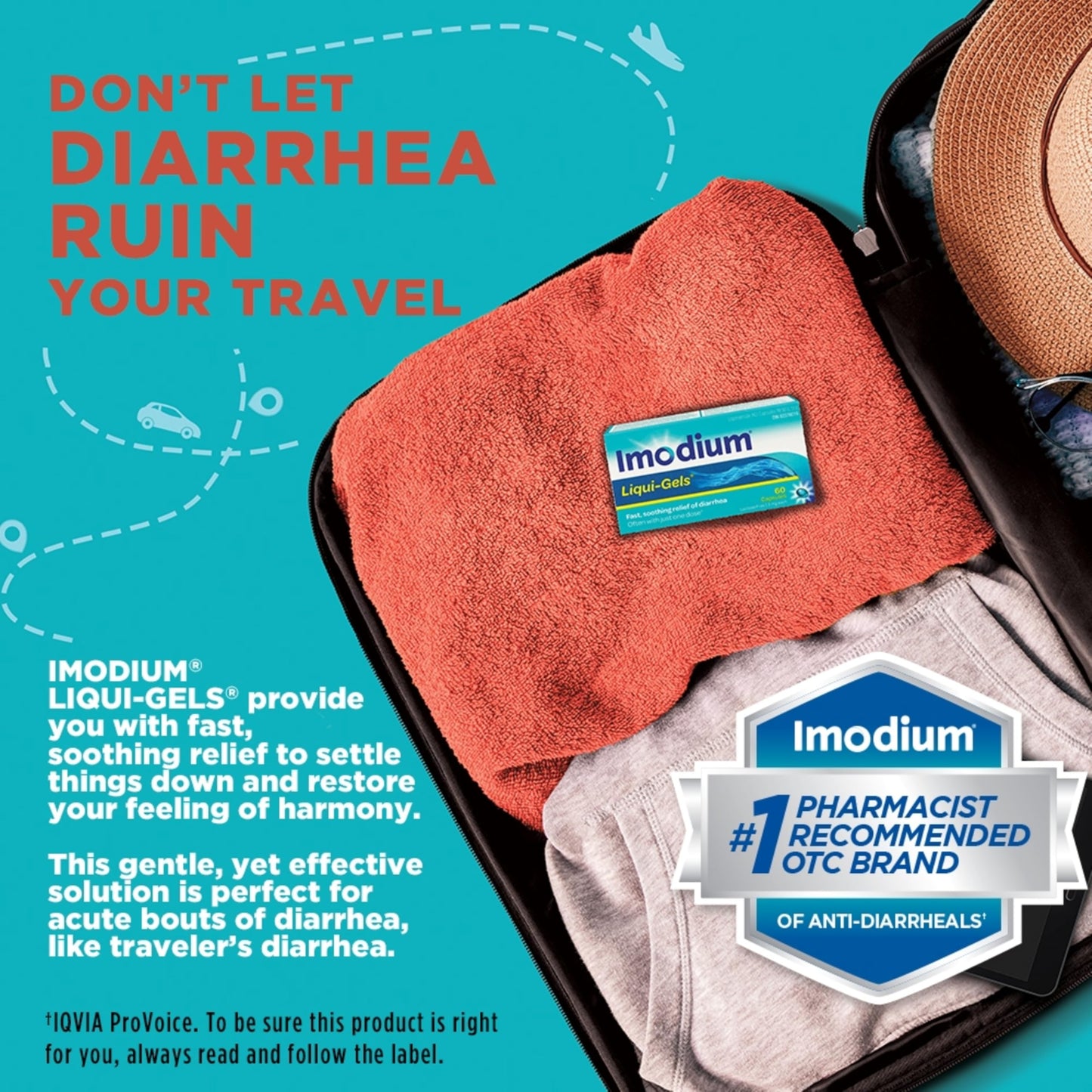 IMODIUM® LIQUI-GELS® - 2mg Loperamide Hydrochloride for Fast Acting Diarrhea Symptom Relief On the Go in Travel Size Softgels for Adults and Children 12+ - 60 Count