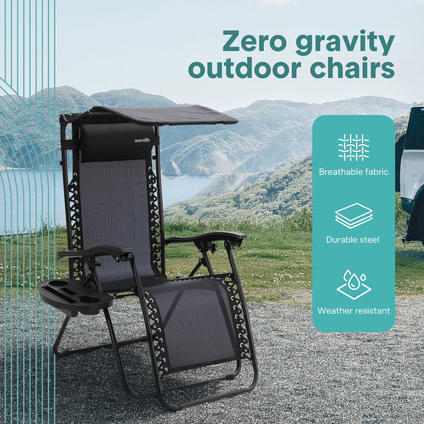 SereneLife Zero Gravity Reclining Chairs Set of 2 – Adjustable Folding Patio & Beach Lounge Chairs with Cup Holder Tray, Removable Padded Headrest, Weather-Resistant SereneLife