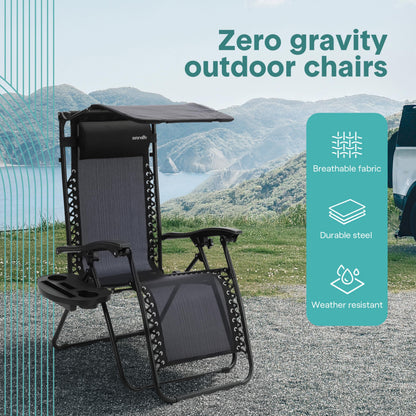 SereneLife Zero Gravity Reclining Chairs Set of 2 – Adjustable Folding Patio & Beach Lounge Chairs with Cup Holder Tray, Removable Padded Headrest, Weather-Resistant SereneLife