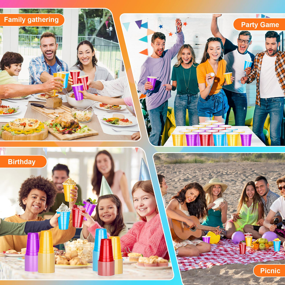 100 Pcs 16 Oz Disposable Plastic Cups, 4Color Party Drinking Cup for Picnic 🍁 All In One Marketplace Canada