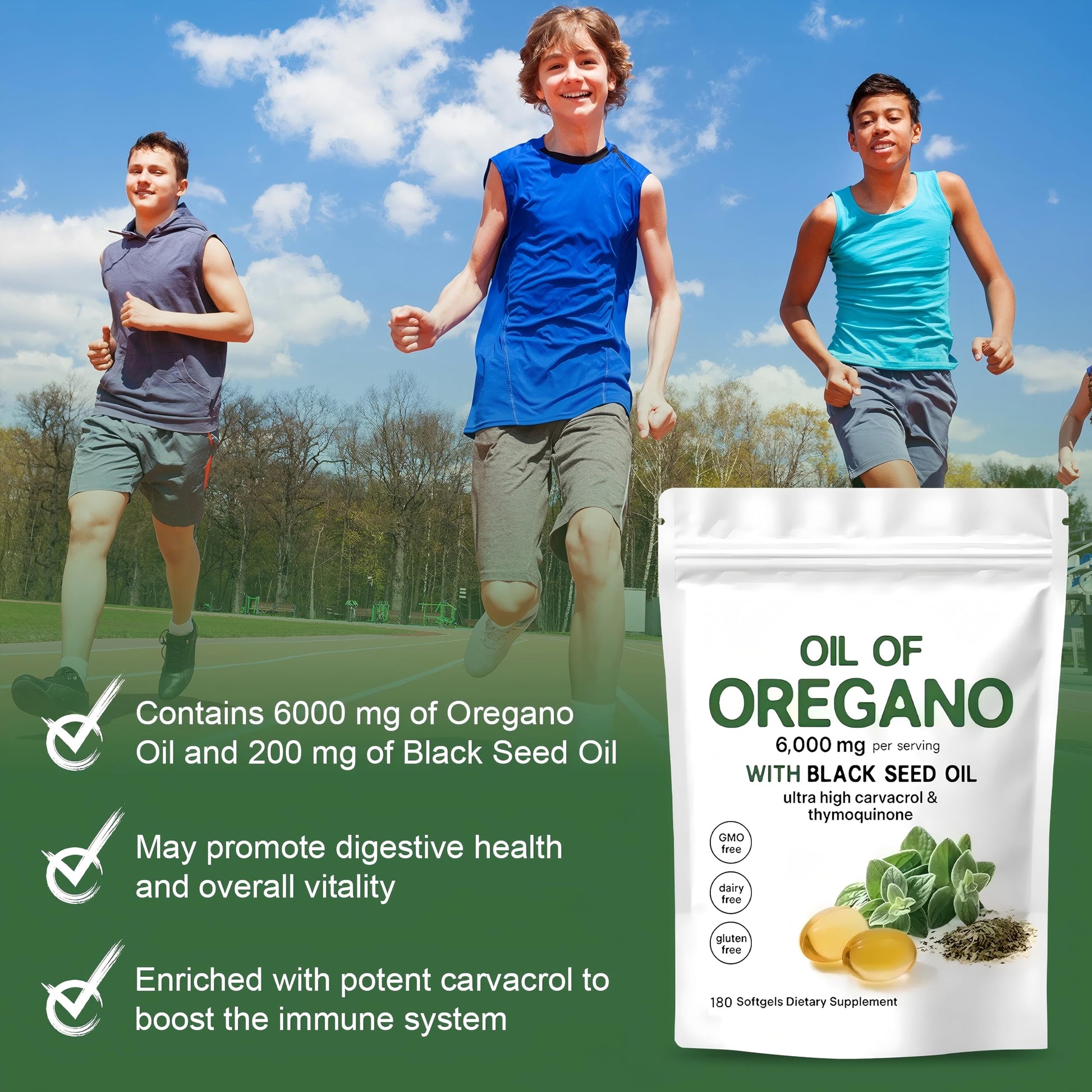 Oil of Oregano Softgels 6000mg Per Serving, 2 in 1 Formulated with Black Seed Oil 200mg, 4X Strength Carvacrol & Thymoquinone | Plant Based, Non-GMO & Immune Support (180 Count/1 Bag) - Available at All In One Marketplace Canada
