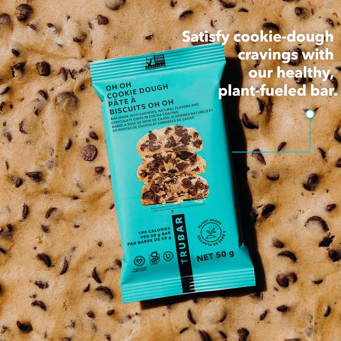 TRUBAR Vegan Protein Bar, Oh Oh Cookie Dough, Gluten Free, Plant Based, High Fiber, Dairy Free, Low Fat, Non GMO, No Sugar Alcohols, 12G Lean Protein, 13G Fiber, Healthy Snack Bars, 12 CT