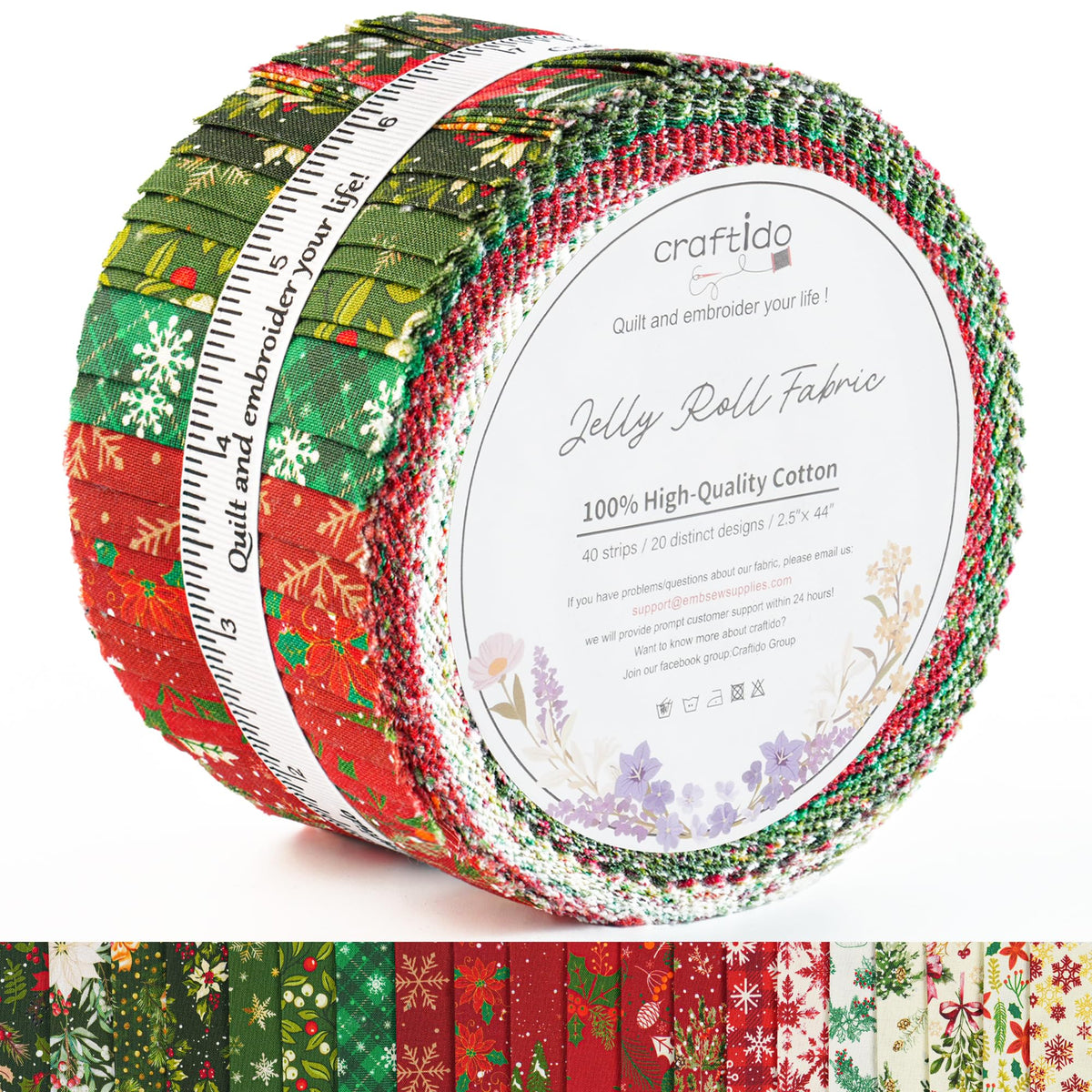 Craftido-20 Options-100% Cotton Jelly Roll Fabric Precut Strips for Quilting, Crafting, and Sewing, 40 Strips 2.5" x 44" Assorted Bundles for Rugs, Quilts, DIY Crafts and Home Decor-Winter Christmas 🍁 All In One Marketplace Canada