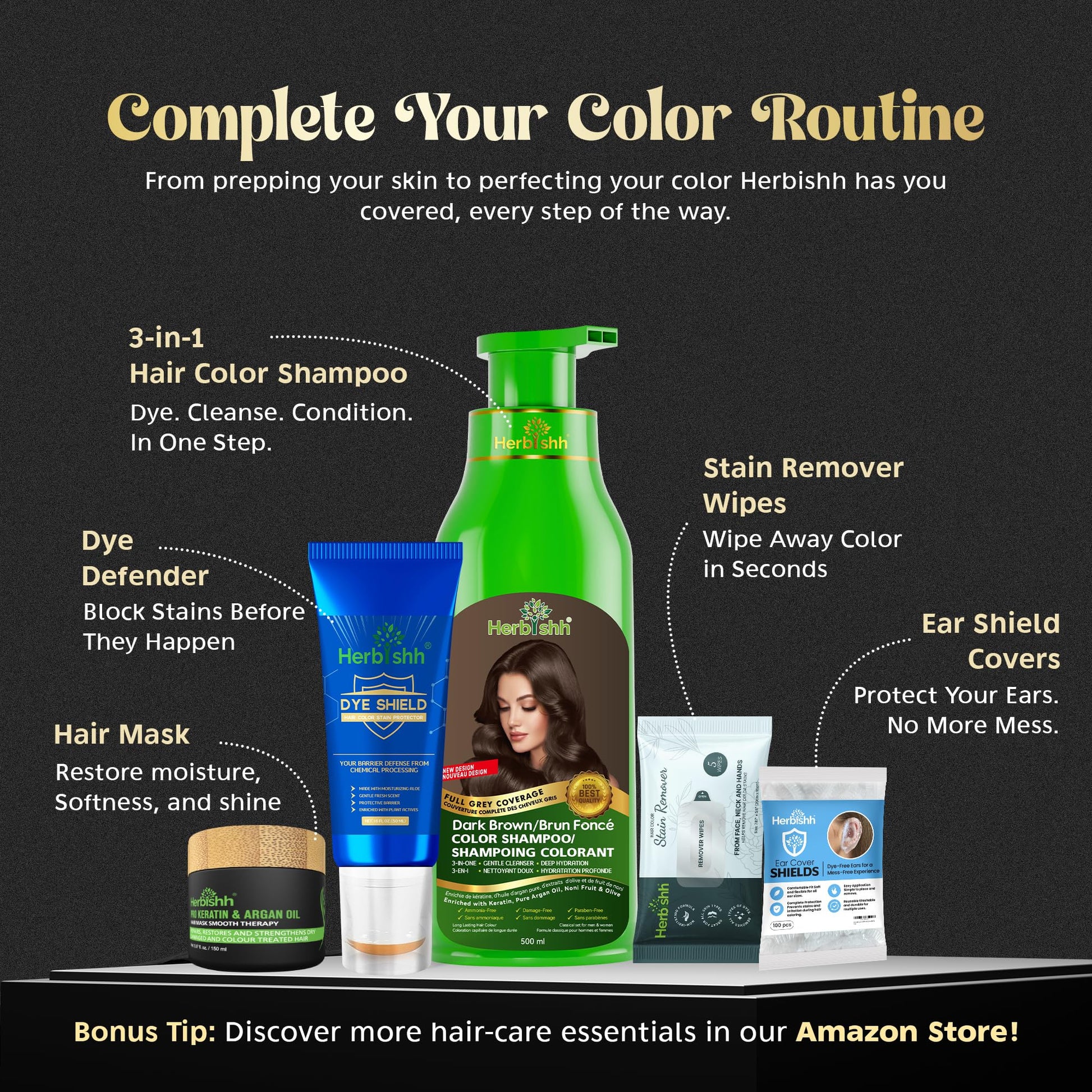 Herbishh Dark Brown Hair Dye Shampoo (500 mL), 3 in 1 Demi Permanent Hair Color Shampoo for Grey Coverage in 20-25 Minutes, Ideal for Women & Men. Ammonia-Free