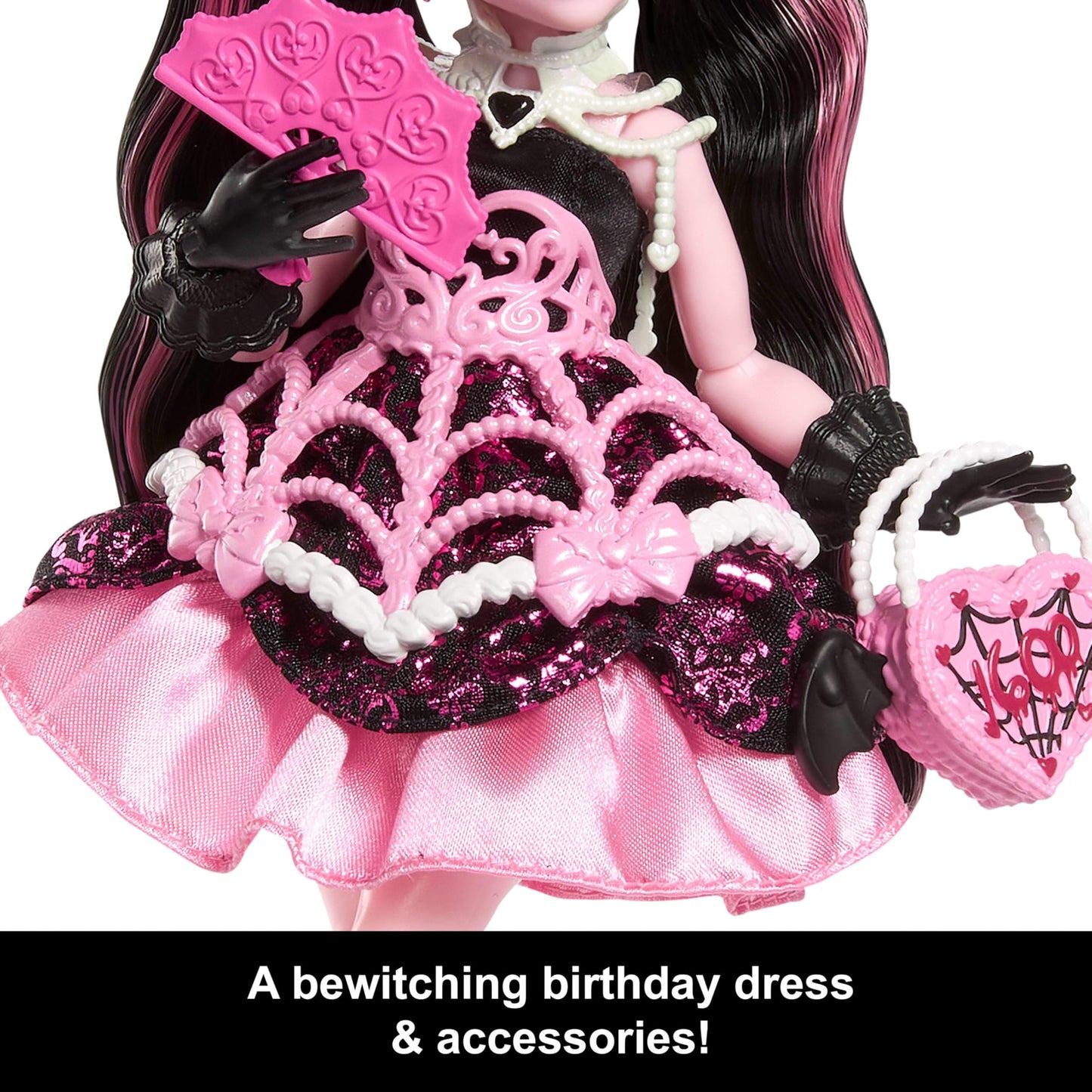 Monster High Scary Sweet Birthday Doll, Draculaura in Pink Party Dress with Themed Accessories Like Invite, Balloon, Gift, Fan and More Monster High