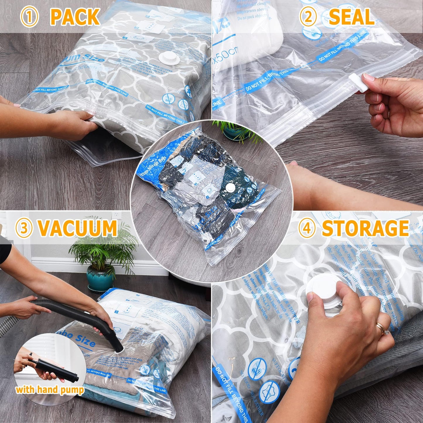 Vacuum Storage Bags 6 Large, Space Saver Sealer Bags, Airtight Compression Bags for Clothes, Pillows, Comforters, Blankets, Bedding
