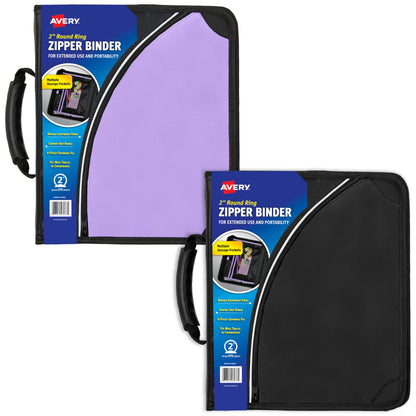 Avery 2" Inch Zipper Binder, 3 Round Rings, Durable Messenger Nylon Zipper Purple Binder, Tablet Holder, 6-Pocket with 5 Tab Dividers, Carry-All Storage Binder (26050)
