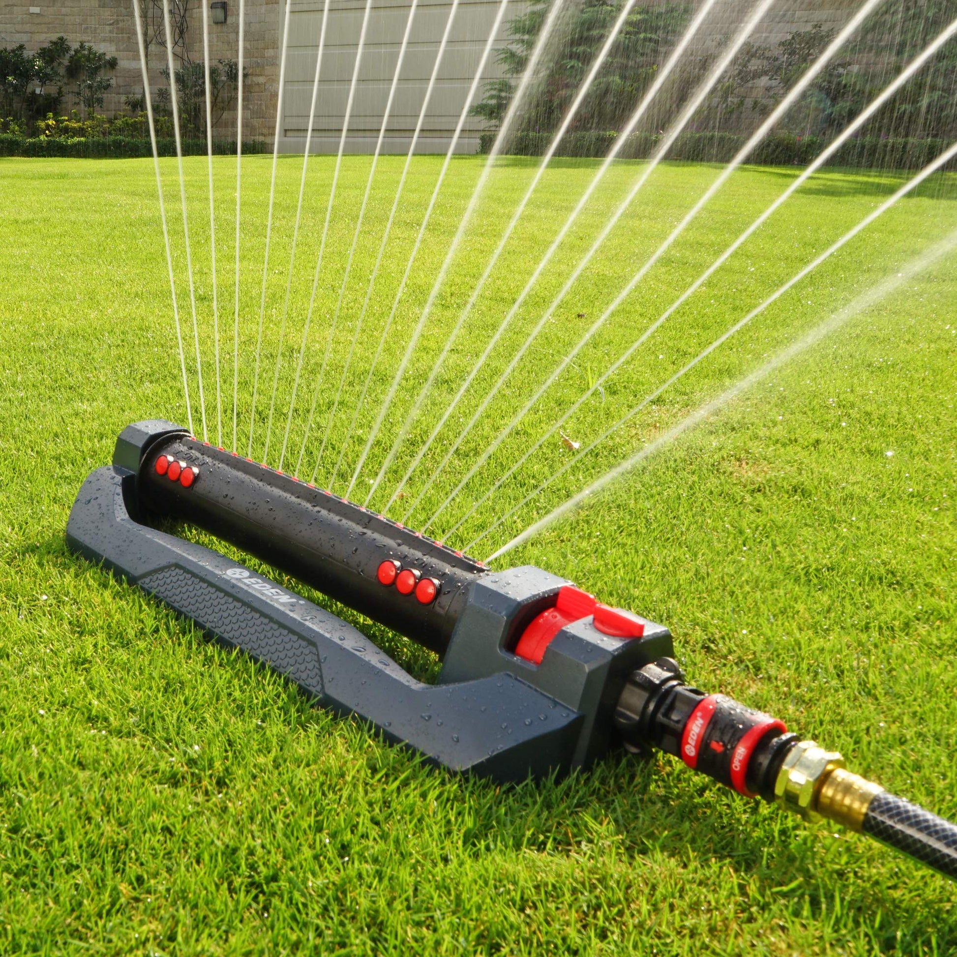 Eden 96212 Turbo Oscillating Sprinkler | Covers Up to 4,400 sq. ft., 18 Precision Nozzles, Adjustable Range, Flow Control, Triple Nozzle Width Switches, Turbo Drive Motor, Quick Connect Bundle Eden