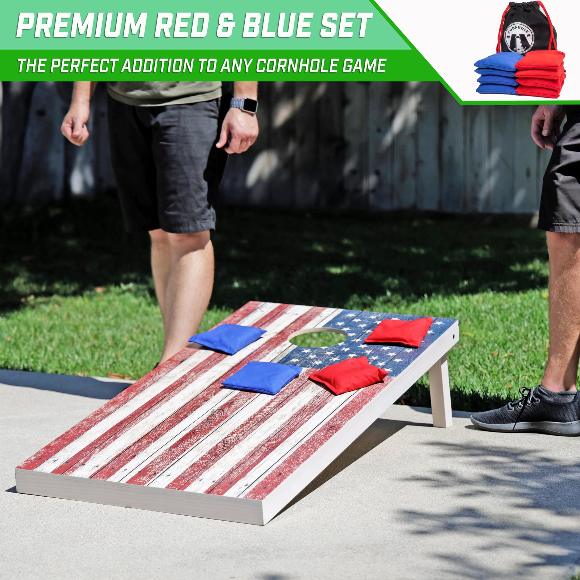GoSports Official Regulation Cornhole Bean Bags Set of 8 – for Competitive Cornhole Games - All Weather - Red and Blue
