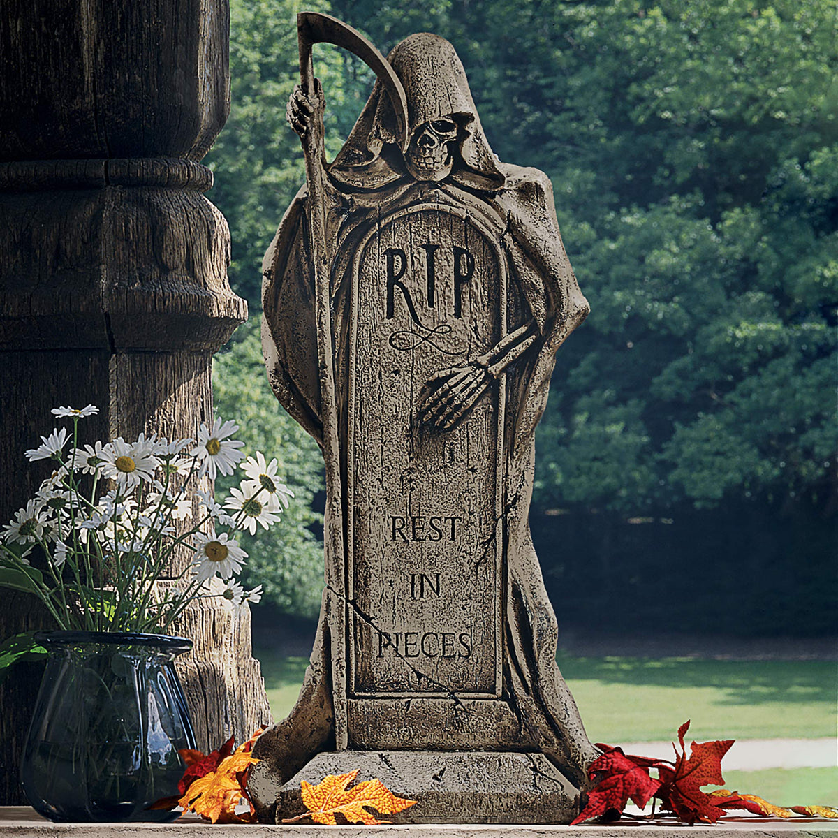 Design Toscano Rest in Pieces Grim Reaper Halloween Tombstone Gothic Decor Garden Graveyard Statue, 64 cm, Polyresin, Greystone