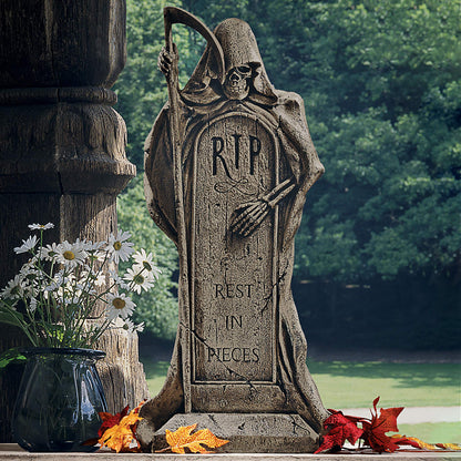 Design Toscano Rest in Pieces Grim Reaper Halloween Tombstone Gothic Decor Garden Graveyard Statue, 64 cm, Polyresin, Greystone