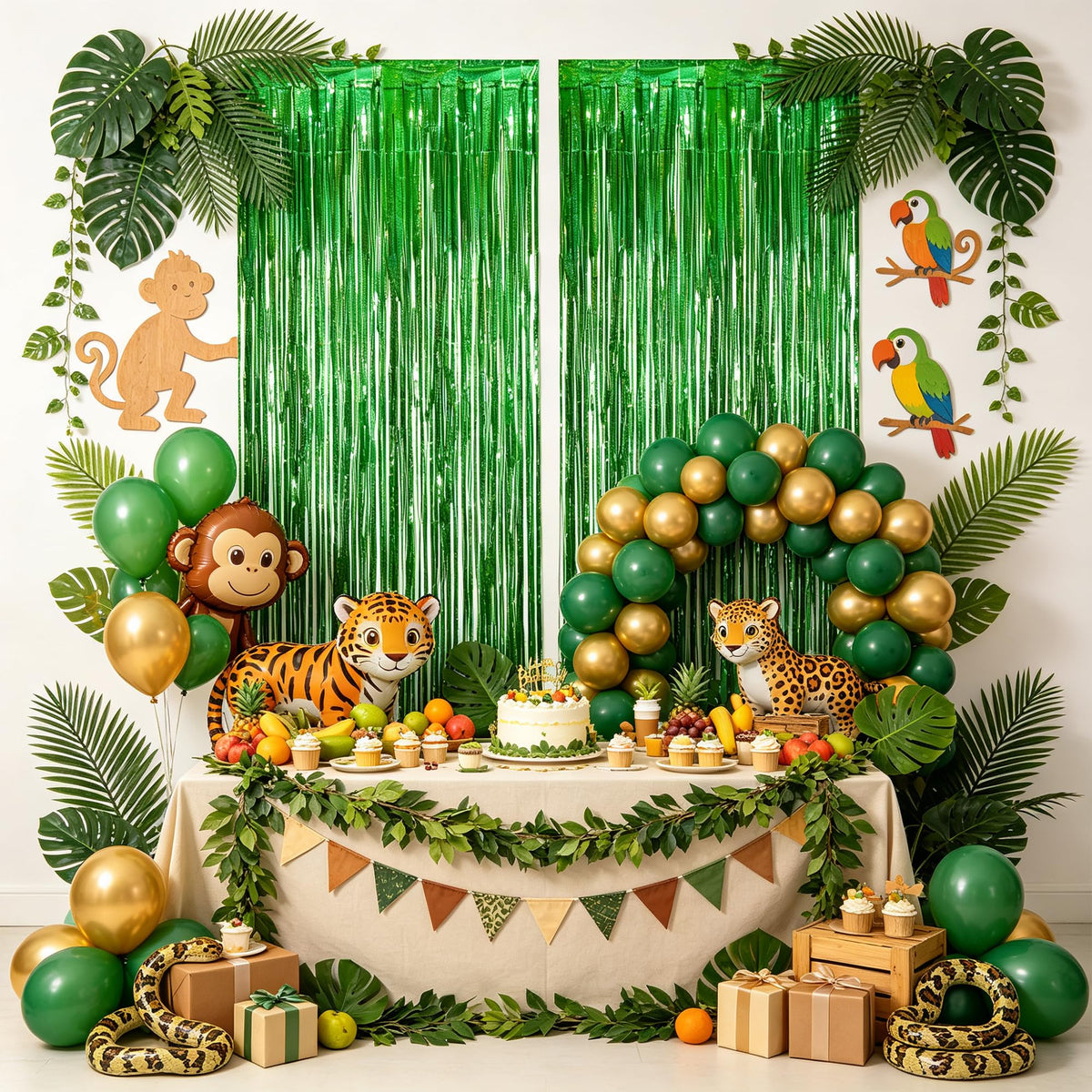 Green Tinsel Curtain Party Backdrop Decor - GREATRIL Foil Fringe Streamer for Grinches Christmas/Mincrafts/Dinosaur/Wild Baby/Jungle/Birthday/Hawaiian/Soccer/Football/Bachelor Themed - 2 PCS 🍁 All In One Marketplace Canada