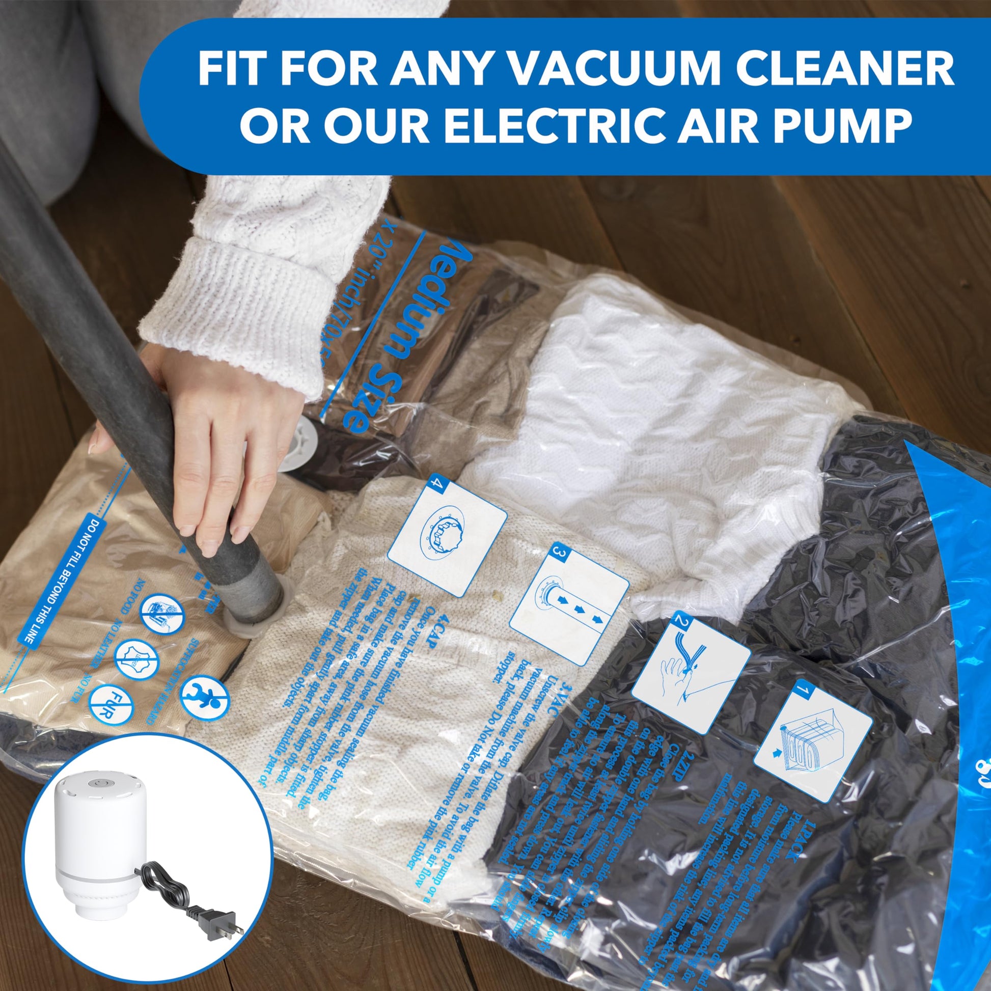 24 Pack Vacuum Storage Bags with Electric Pump (5 Jumbo/5 Large/5 Medium/5 Small/4 Roll), Plastic Packaging Bags,Space Saver Sealer Bags for Clothes, Pillows, Comforters, Blankets, Bedding