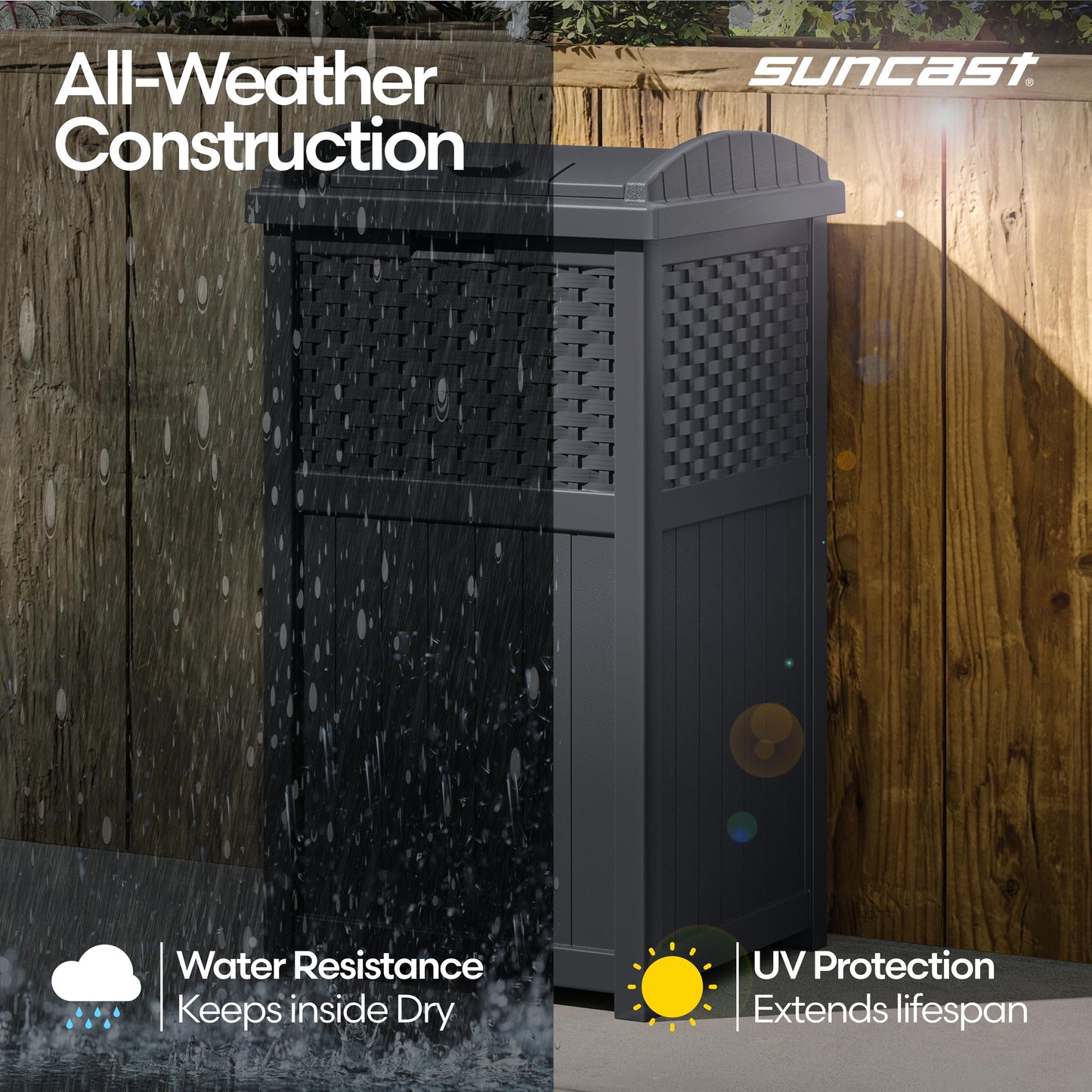 Suncast 33 Gallon Wicker-Style Hideaway Trash Can with Secure Latching Lid and Weather-Resistant Construction for Patio, Cyberspace Grey, Made in the USA Suncast