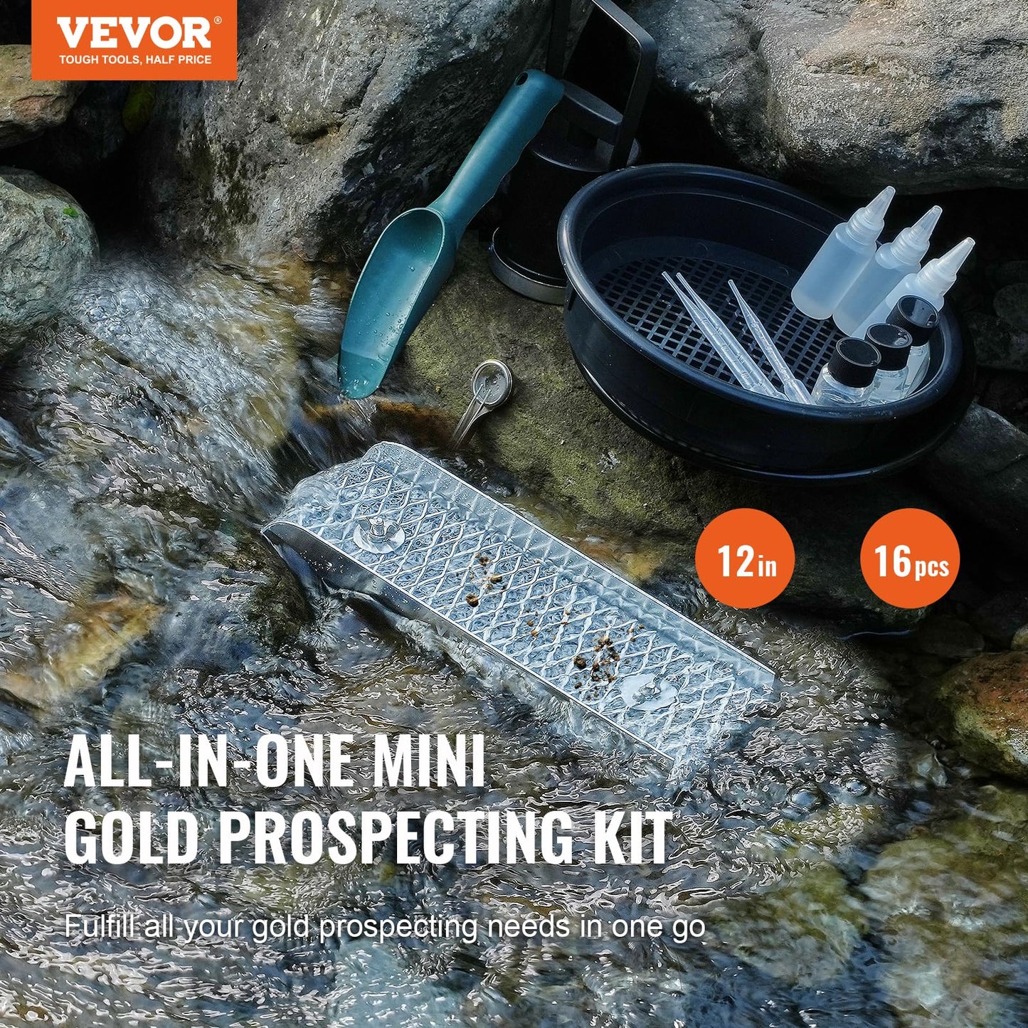 VEVOR Gold Panning Kit with Mini Sluice Box, 12" Aluminum Gold Mining Equipment, 16 PCS Golds Prospecting Kit with Golden Pan, Classifier Screen, Separating Magnet, Drawstring Backpack and Accessories VEVOR