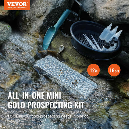 VEVOR Gold Panning Kit with Mini Sluice Box, 12" Aluminum Gold Mining Equipment, 16 PCS Golds Prospecting Kit with Golden Pan, Classifier Screen, Separating Magnet, Drawstring Backpack and Accessories VEVOR