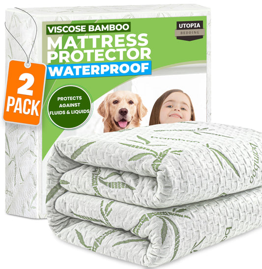 Utopia Bedding Waterproof Mattress Protector Twin Size, Bamboo Viscose Mattress Cover 200 GSM, Fits 15 Inches Deep, Breathable, Fitted Style with Stretchable Pockets (Pack of 2)