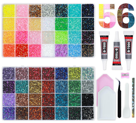 56 Colors Rhinestones for Bedazzling Kit, 2 Boxes 3mm Resin Jelly Flatback Gems with 3Pcs 10ml B7000 Glue, Multicolor Rhinestone Bedazzle Set for DIY Crafts, Clothing, Shoes, Nails Decoration