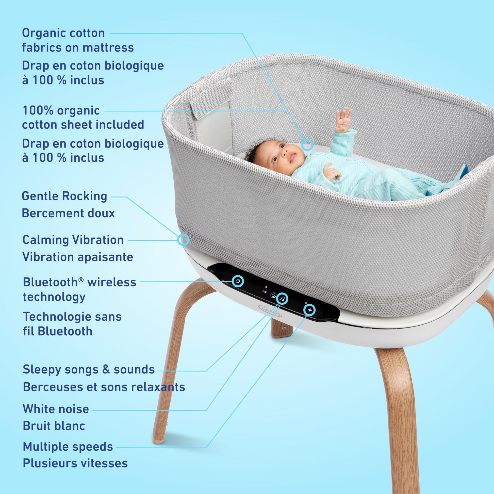 Graco SmartSense Soothing Baby Bassinet & Rocker with Cry Detection Technology, Includes 100% Organic Cotton Sheet, Luna Graco