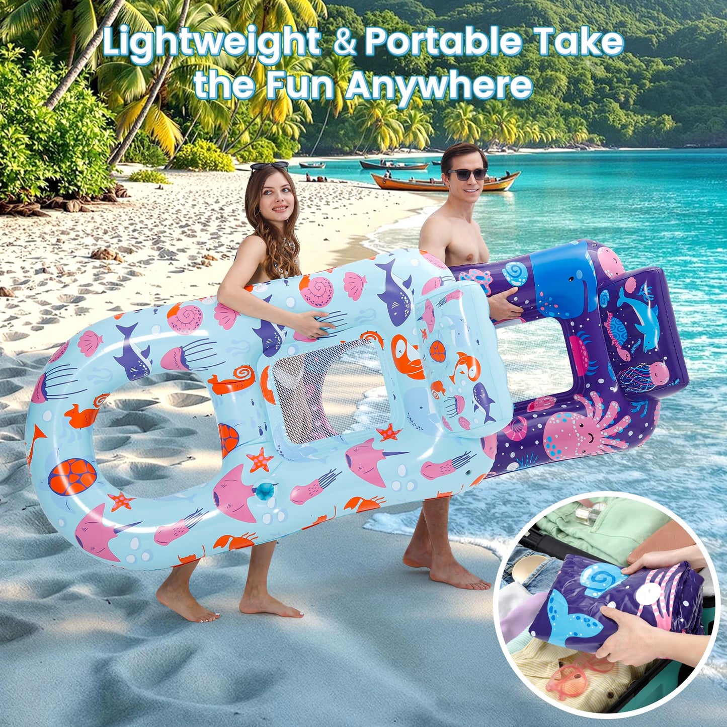 PuppyuWill 2 Pack Pool Floaties for Adults, Inflatable Pool Lounger Float Heavy Duty with Cup Holder, Backrest & Footrest Pool Lounge Float Extra Large Pool Rafts for Adults Beach Lake Party