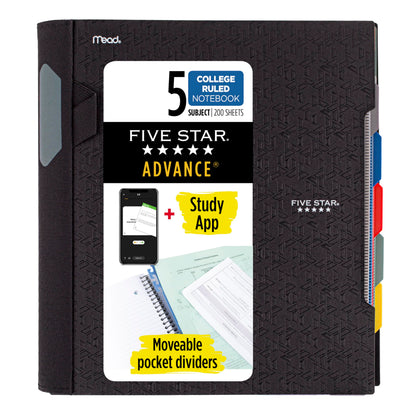 Five Star Advance Spiral Notebook-Standard Size, 5 Subject, College Ruled, 8.5 x 11 Inch Sheet Size, Black (73144)