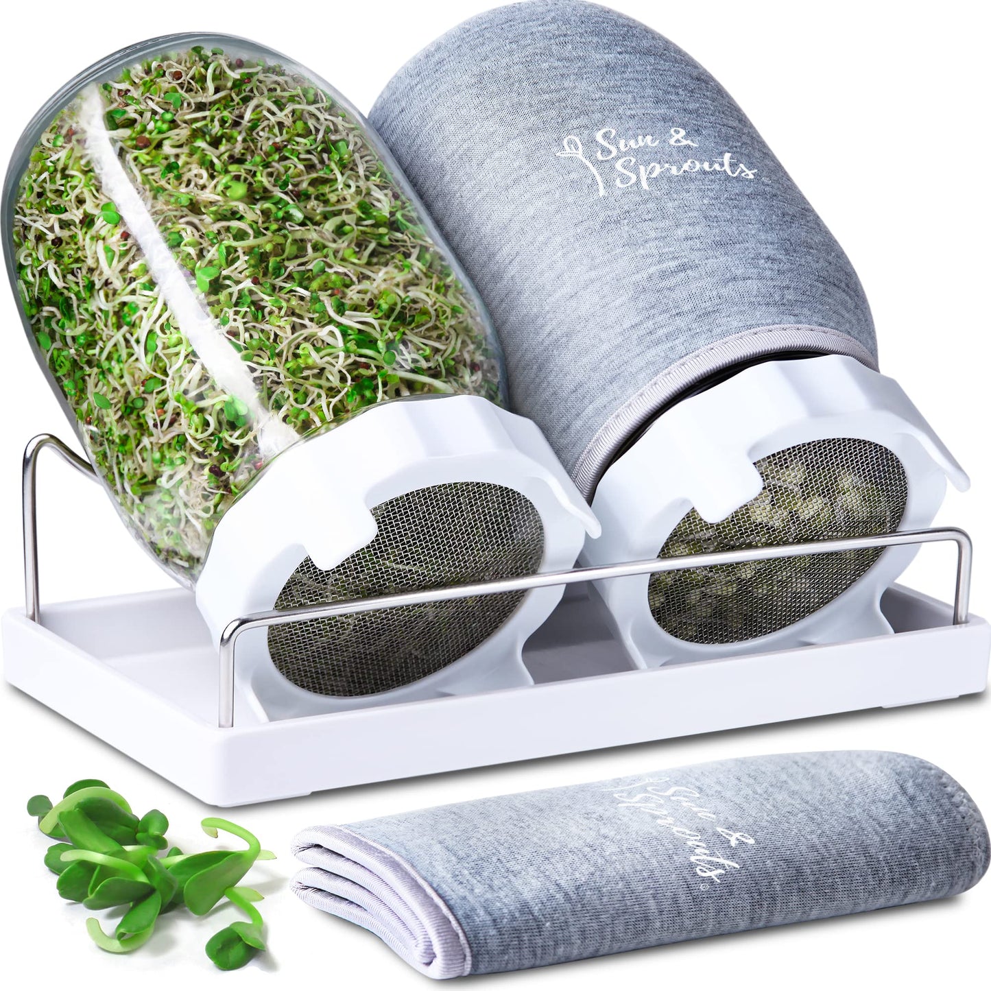 Sun & Sprouts The Original Complete Sprouting Kit - 2 Large Wide-Mouth Mason Jars, Premium Screen lids, Blackout Sleeves, Tray, Sprouter Stand - for Growing Broccoli, Mung Bean, Alfalfa from Seed