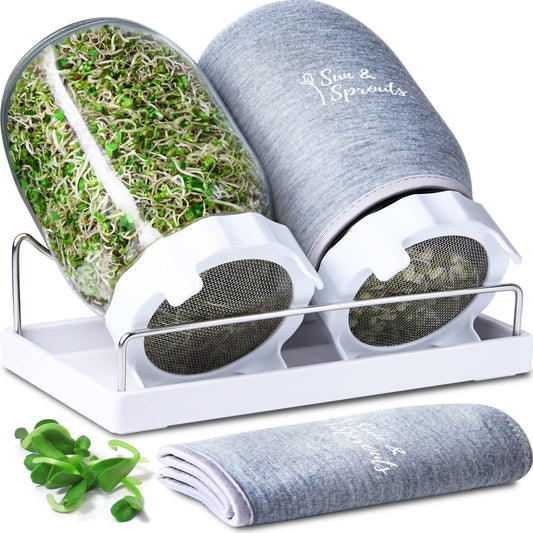 Sun & Sprouts The Original Complete Sprouting Kit - 2 Large Wide-Mouth Mason Jars, Premium Screen lids, Blackout Sleeves, Tray, Sprouter Stand - for Growing Broccoli, Mung Bean, Alfalfa from Seed
