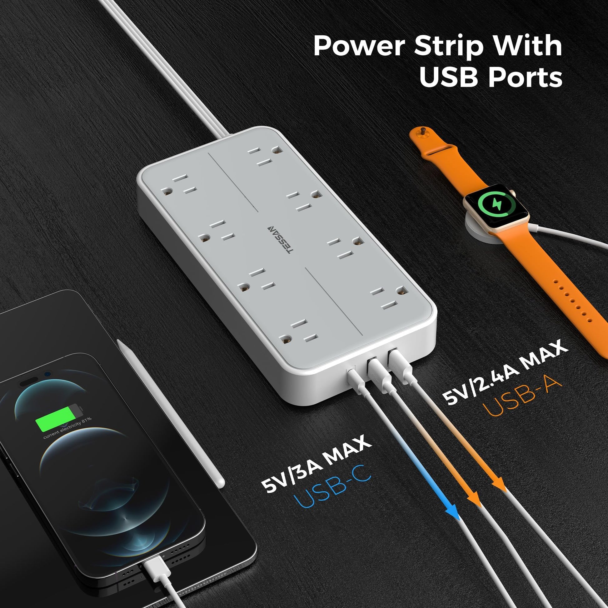 TESSAN Flat Plug Power Bars with Surge Protector 1080J, 6 Ft