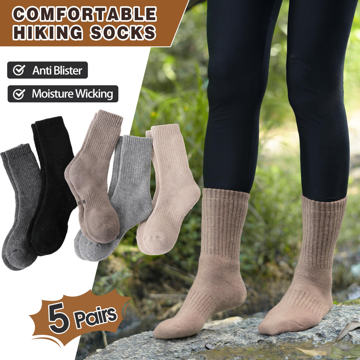MOGGEI Womens Merino Wool Socks for Hiking Thermal Warm Thick Winter Cozy Crew Cabin Ladies Comfy Work Gift Boot Socks 5 Pairs(Beige/Khaki/Grey/Black) 🍁 All In One Marketplace Canada