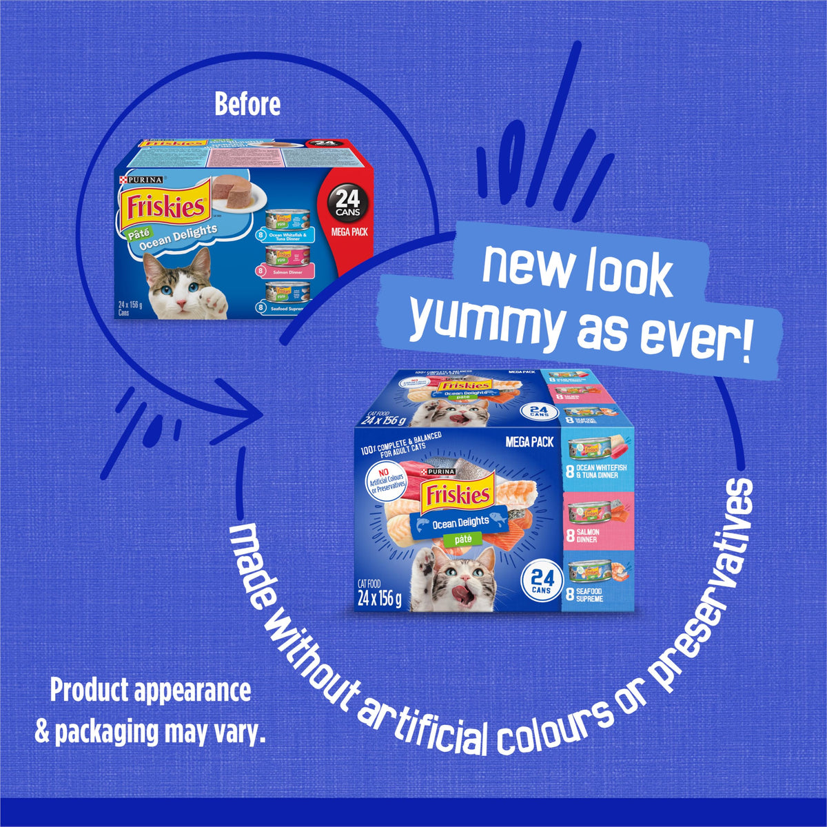 Friskies Ocean Delights Wet Cat Food, Pate Variety Pack 3 Flavours - 156 g Can (24 Pack)