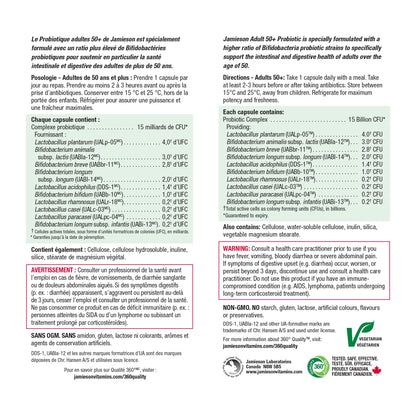 Jamieson Adult 50+ Probiotic 15 Billion Active Cells, Bifidobacterium Boost, Supports Digestive Health and Intestinal Health. 10 Unique Strains, Including Lactobacillus and Bifidobacterium, Non-GMO, Gluten-Free, 30 Vegetarian capsules
