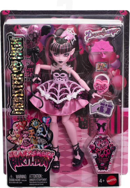 Monster High Scary Sweet Birthday Doll, Draculaura in Pink Party Dress with Themed Accessories Like Invite, Balloon, Gift, Fan and More Monster High
