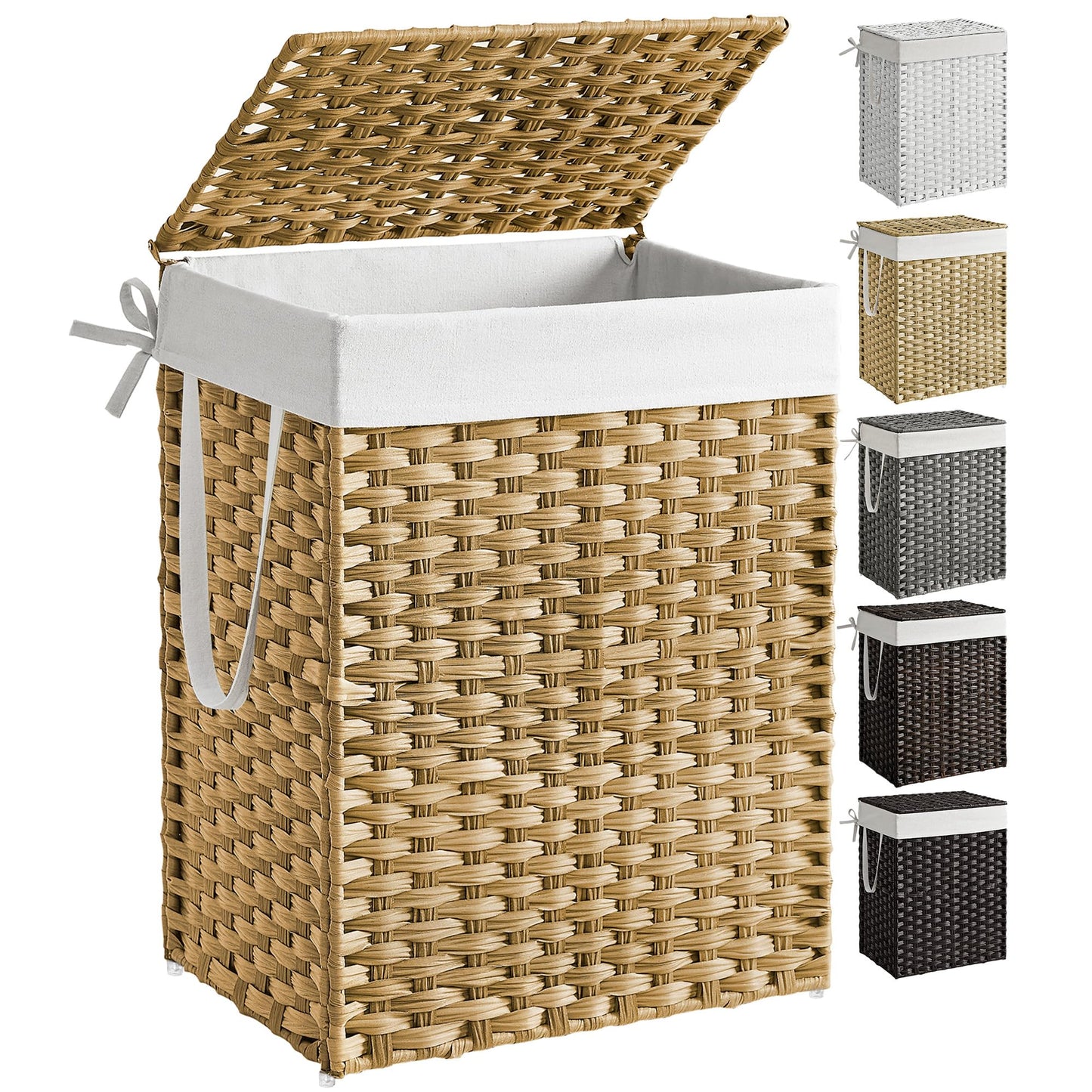 SONGMICS Laundry Hamper with Lid, 23.8 Gallon (90 L) Synthetic Rattan Clothes Laundry Basket with Lid and Handles, Foldable, Removable Liner, Natural ULCB051N01V1 SONGMICS