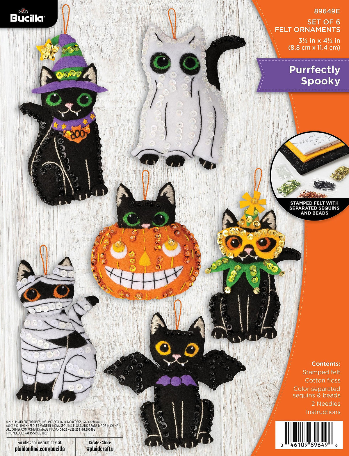 Kit de fabrication d'ornements en feutrine Bucilla, 6 pièces, Purrfectly Spooky, idéal pour les loisirs créatifs d'Halloween, 89649E
