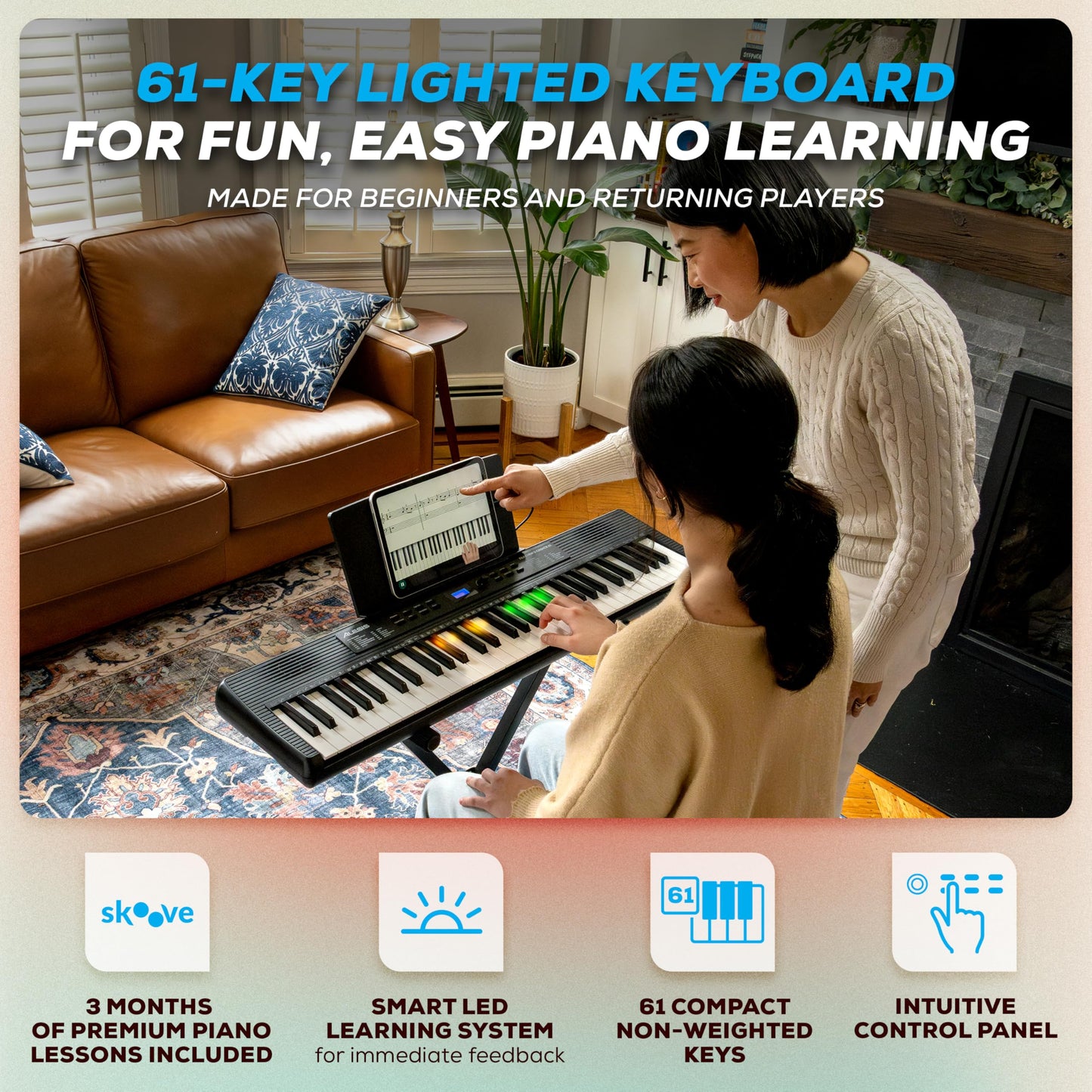 Alesis Teacher's Choice 61-Key Piano Keyboard Bundle with Light-up Keys