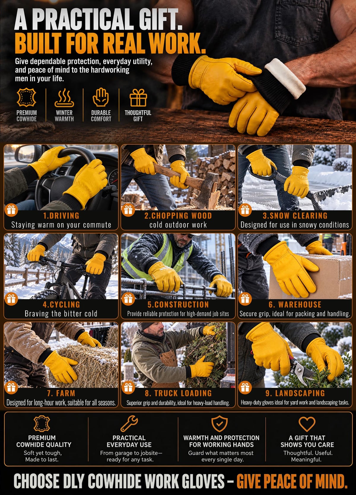DLY Winter Work Gloves for Men,Insulated Work Gloves,Warm,Cowhide,Yellow,L 🍁 All In One Marketplace Canada
