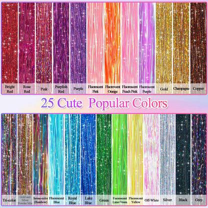 25 Colors Fairy Hair Tinsel Kit 5000 Hair Glitter Strands 48 Inch Heat Resistant Tinsel Hair Extensions Sparkling Shiny Highlights Hair Tinsel with Tools for Christmas Halloween New Year Cosplay Party 🍁 All In One Marketplace Canada